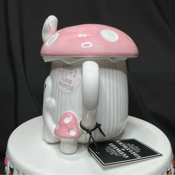 Cobwebs & Cauldrons Halloween Pink Polka Dot Mushroom Ghost Home Coffee Mug - Picture 3 of 12